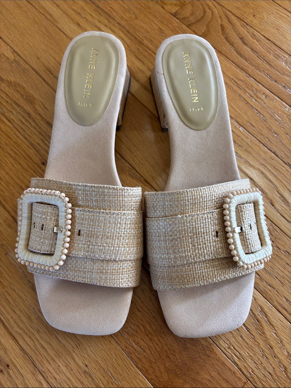 ANNE KLEIN Netty Heeled Slide Sandals beaded tan buckle heel 9.5 M